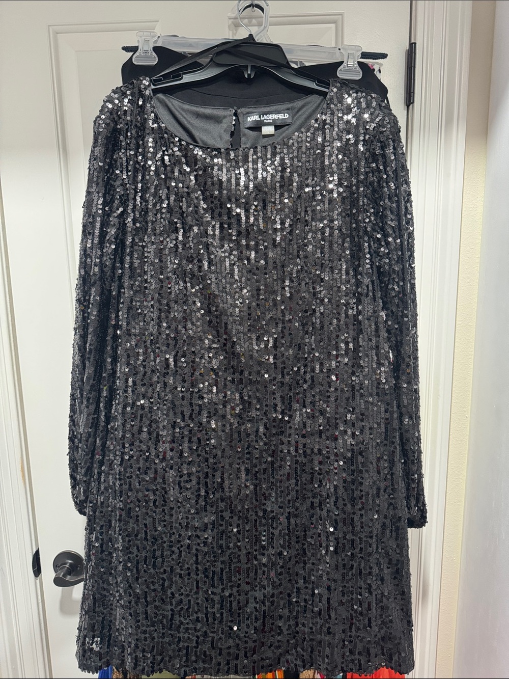 Karl Lagerfeld Black Sequin Shift Dress with Long Sleeves